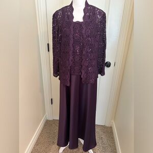 Eggplant colored gown. Lace/sequins top with satin skirt. Lace/sequins jacket.